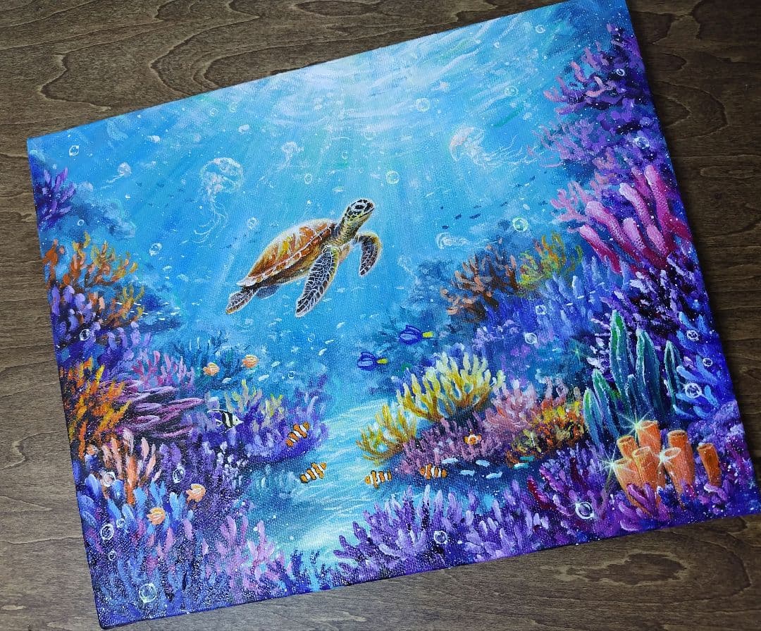 【海中世界】アクリル画 F3 風景画 絵画