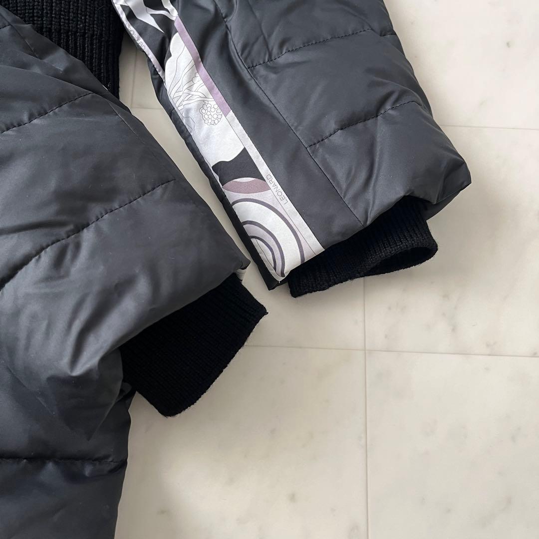 レオナール 大きいサイズ 42 ニット切替 ダウンコート 花柄 トリム 黒