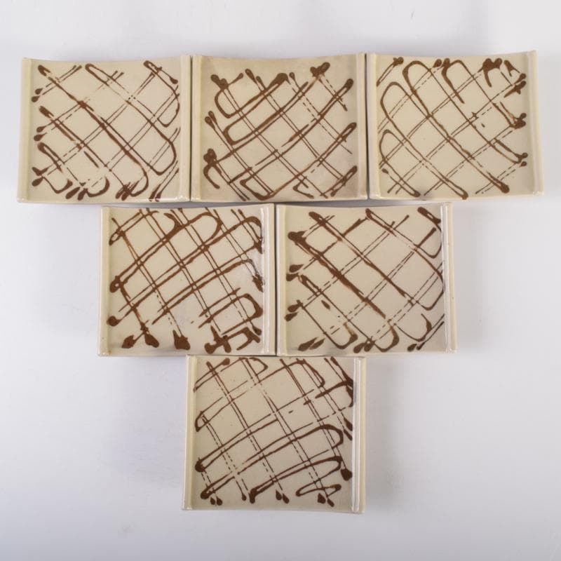 織部焼 四方皿 銘々皿 六客 在銘 共箱 C 6961