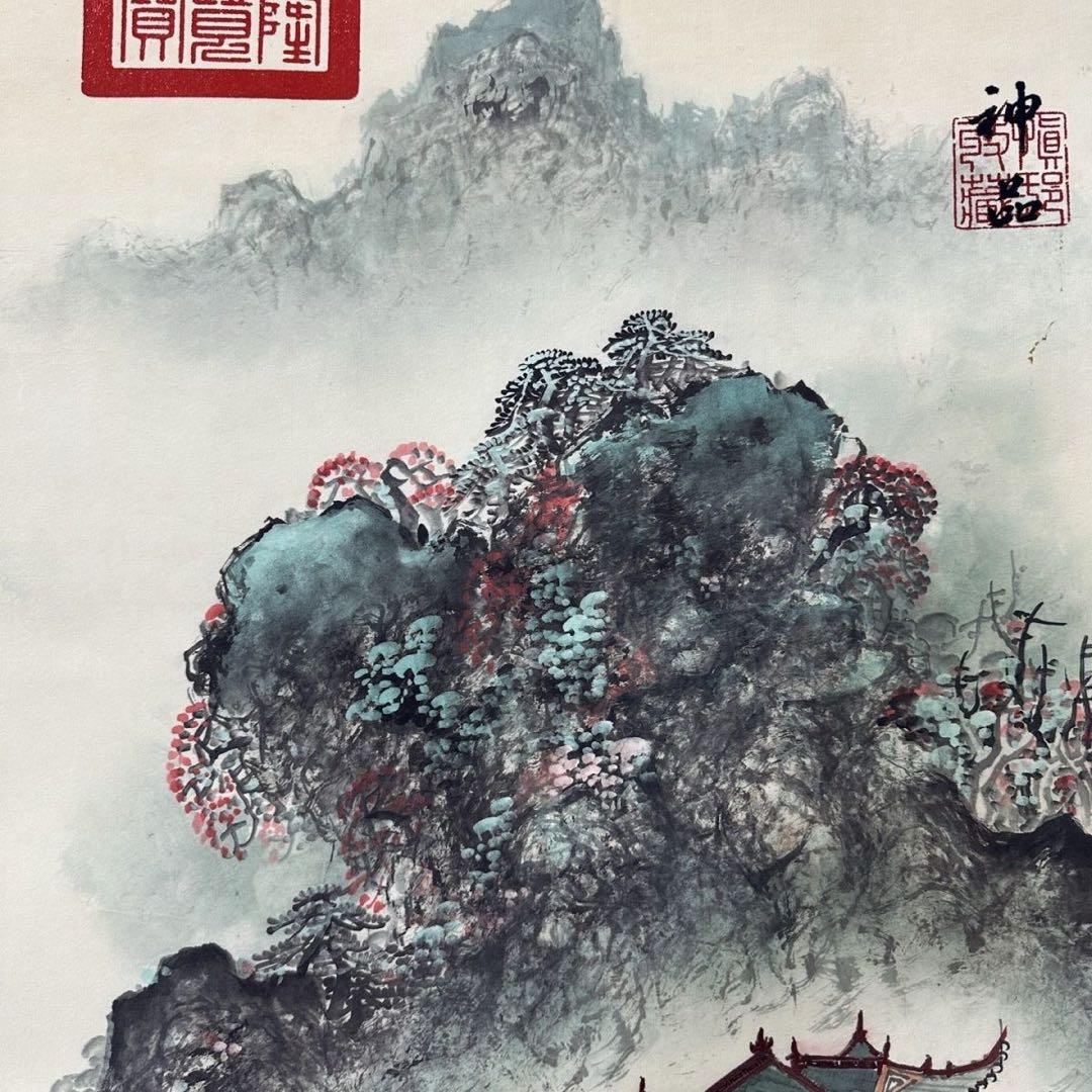 仇英 山水画 掛け軸 中堂 蓬莱仙境図 中国画 表装済 サイズ：77×175cm