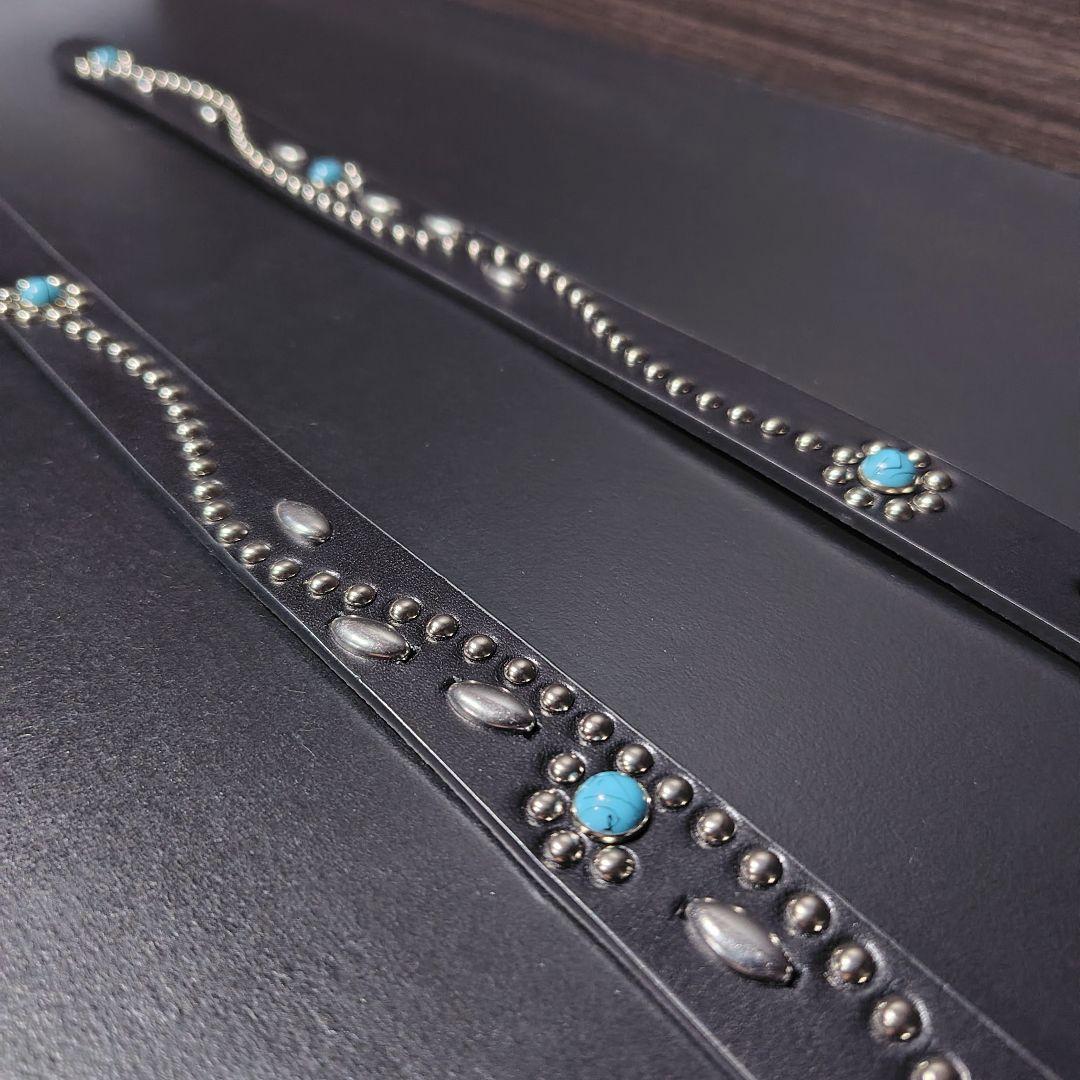 フラワーターコイズ□本革レザーフルスタッズナローベルト☆アメカジ