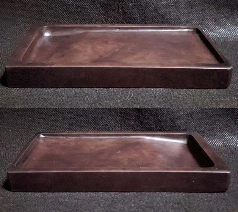 【端硯】◆濃厚な馬肝色に火捺の美石◆北嶺◆約七吋◆唐木共箱◆文革期以前◆検→端渓