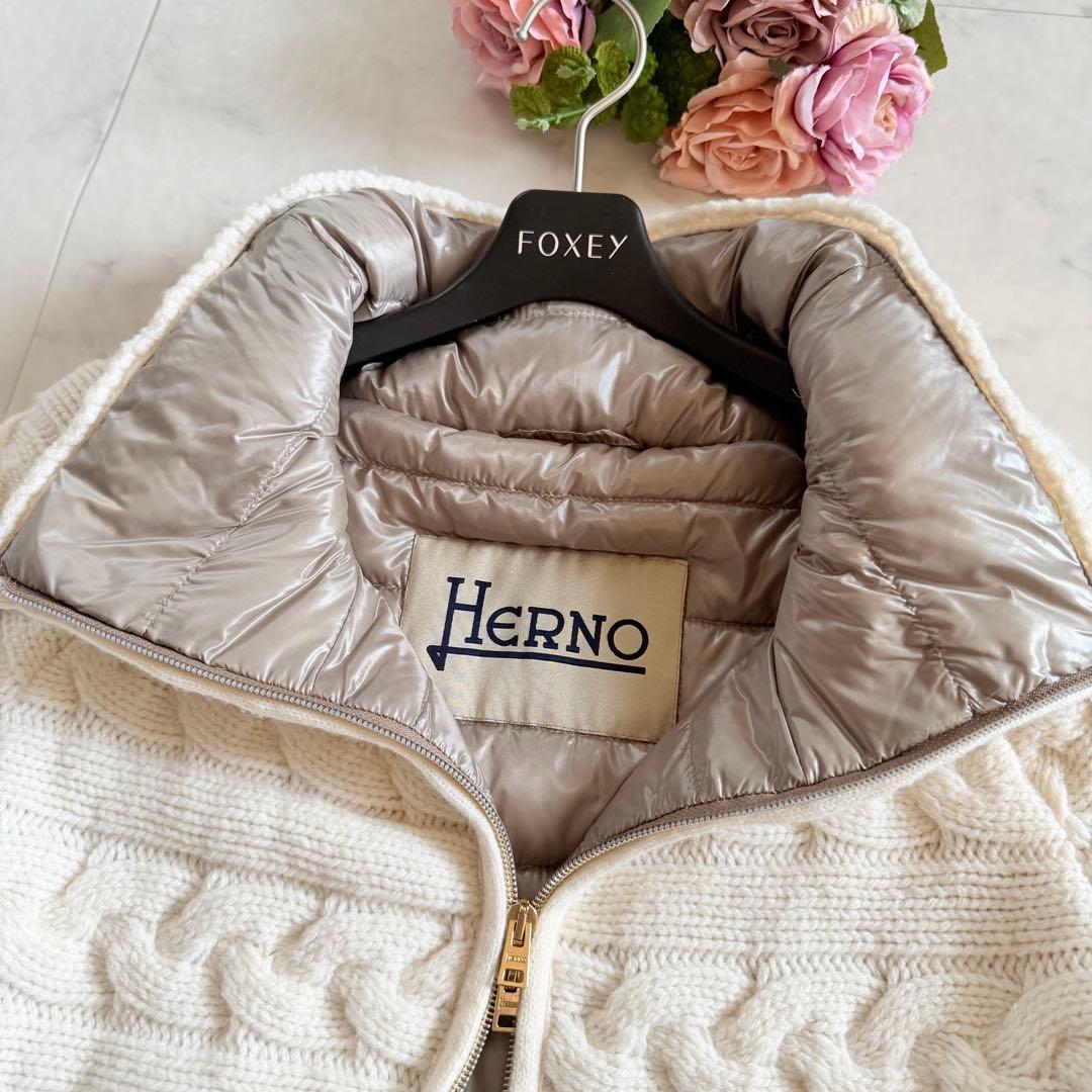 美品☆HERNO ケーブルニット切替 異素材コンビ ダウンジャケット 42