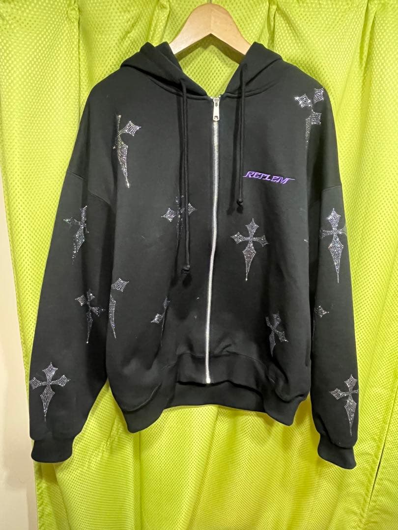 REFLEM レフレム クロス総柄 ラインストーン 十字架 パーカー 黒×紫