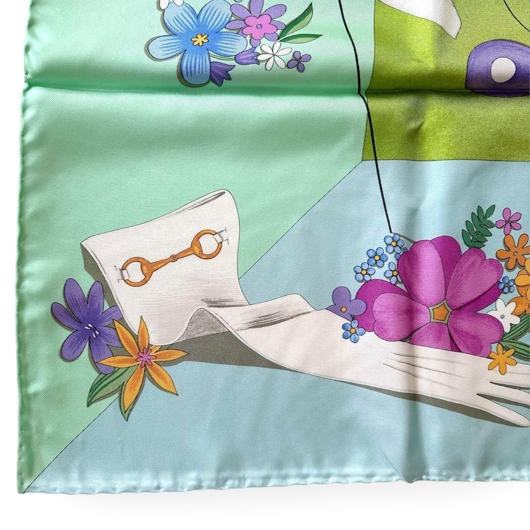 希少 GUCCI シルクスカーフ 大判 ホースビット×バンブーバッグ 花柄