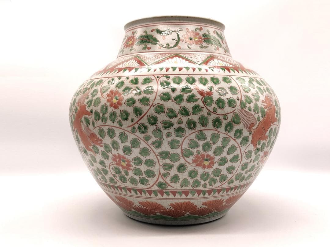 【 獅子草花文寸胴壺 】　倣宋赤絵　九谷骨董 日本 磁器 福島武山 赤繪菊慈童文九谷焼沈香壺