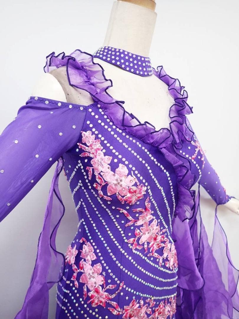 B1456☆美品☆紫/ピンク花/刺繍/ワンピース/スタンダードドレス☆社交