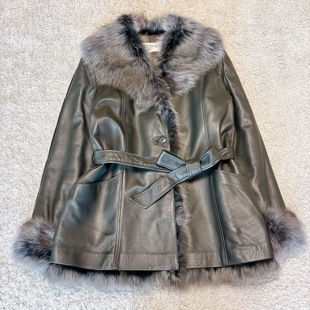極美品BALMAIN ベルト付きレザー ファー ジャケット黒L〜XLフォックス BALMAIN バルマン レザー コート フォックスファー 羊革 ラムレザー