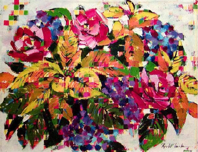 油絵 菅家令子 絵 絵画インテリア額付(青緑＋金色の枠) uF6-061704