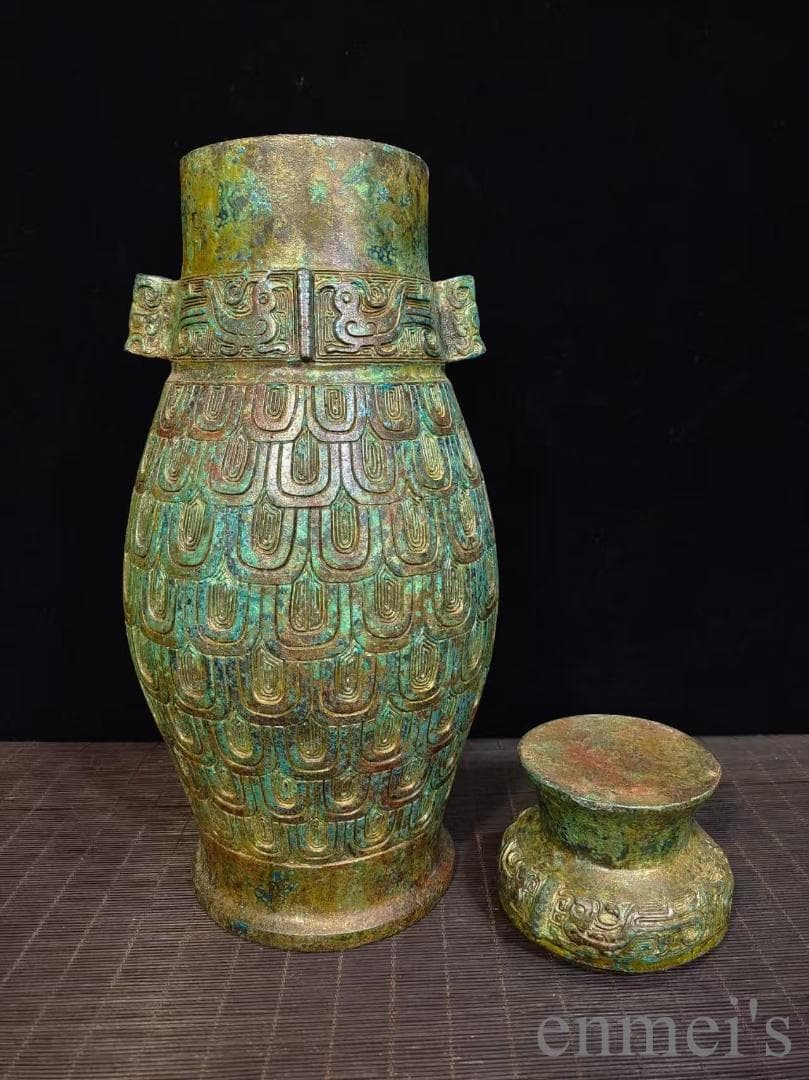 中国古美術 旧蔵 商周款 青銅製 銘文器皿《魚鱗文壺》純銅製 高浮彫 酒器 水壺