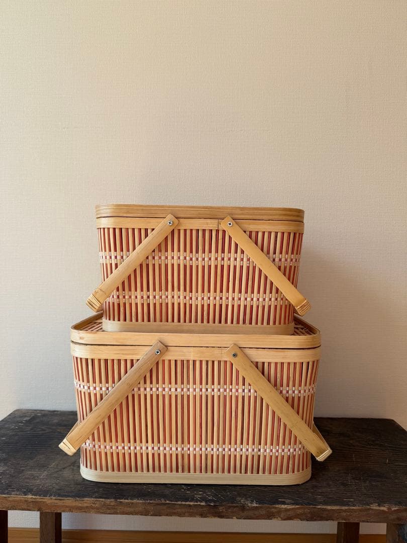 新品未使用 竹製バスケットセット大小2個セット ランチバスケット 竹籠