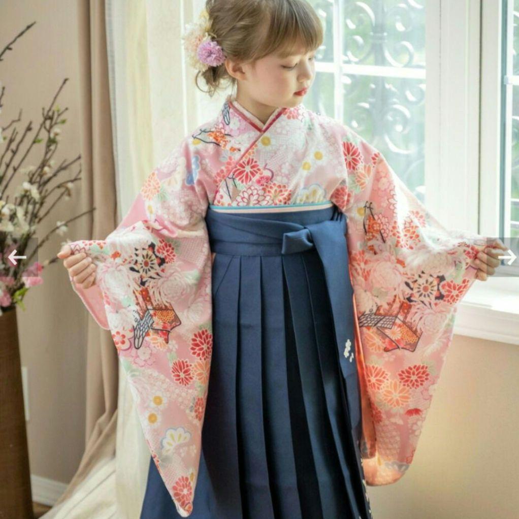 着付け簡単袴セットブーツセット 刺繍入り いにしえ華車桃×紺袴セット