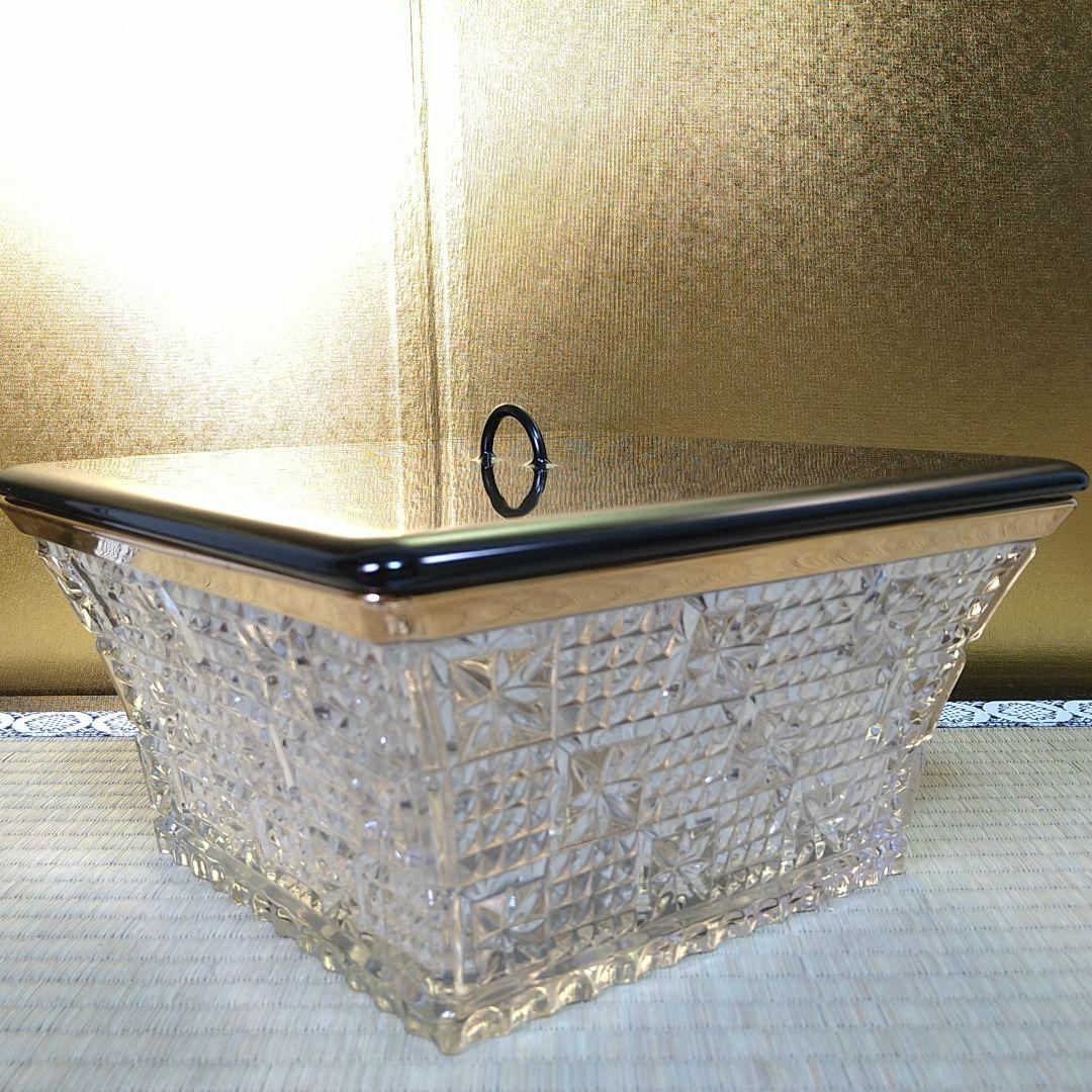 義山水指水差しガラス硝子四方真漆蓋付水崎長寿作金彩縁