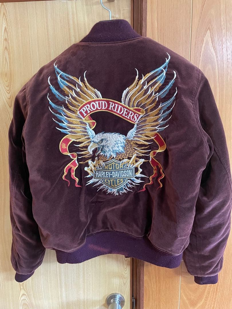 Harley-Davidson ベロアスカジャン　ハーレダビッドソンアウター ハーレーダビッドソンスカジャン 別珍 ベロア 刺繍 イーグル 国旗 黒 L