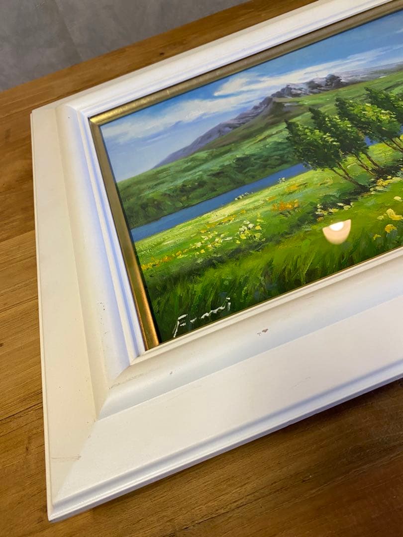 一柳富美　利尻山　油絵　額入り　白額縁　風景画