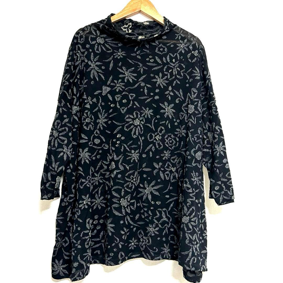 ヨーガンレール 花柄 ゆったり ハイネック トップス 七分袖 ジャガード