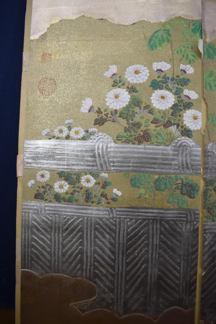 模写】伊藤若冲/菊図/屏風ハガシ/二曲用マクリ/掛軸☆宝船☆Z-367