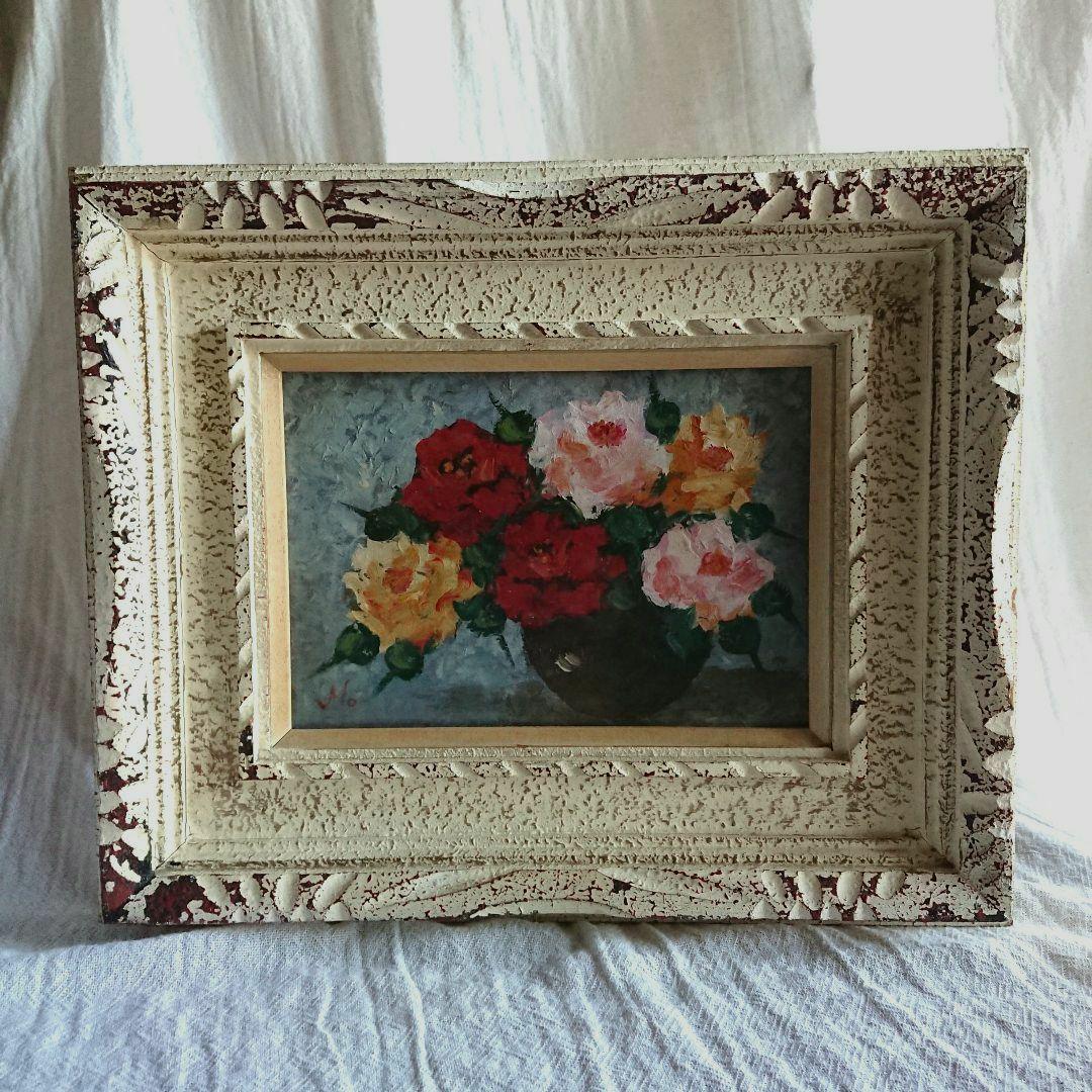 薔薇 古い 絵画 油彩 昭和レトロ /アンティーク ブロカント フランス 蚤の市