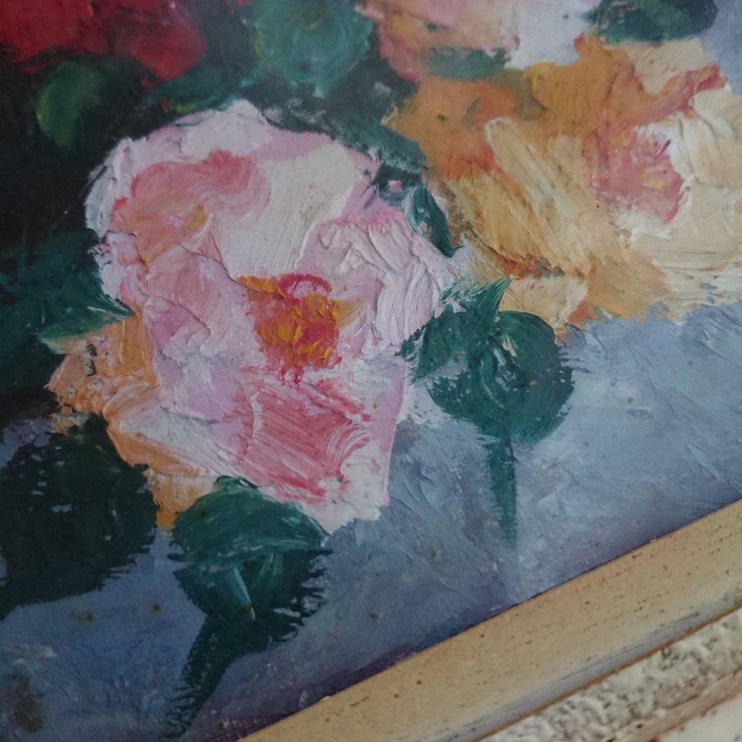 薔薇 古い 絵画 油彩 昭和レトロ /アンティーク ブロカント フランス 蚤の市