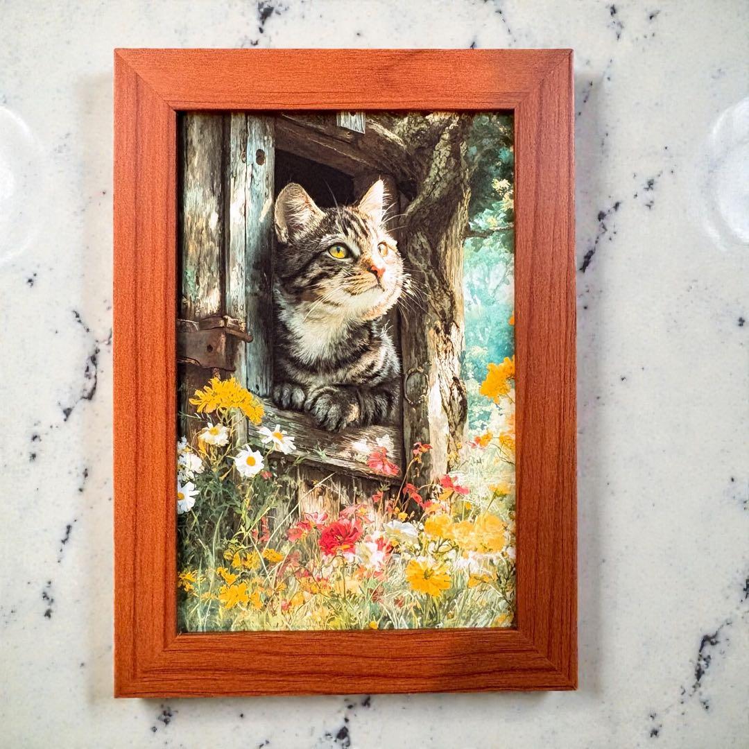 猫 アート 絵画 額縁付き ポストカード ネコと扉シリーズ No.6 癒やし
