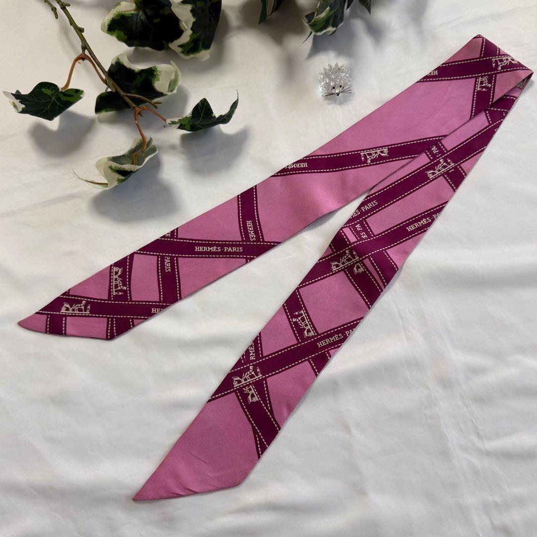 エルメス　ツイリー　 ボルデュック　リボン　ピンク HERMES(エルメス)/ツイリー「ボルデュック」/×ピンク×バイオレット