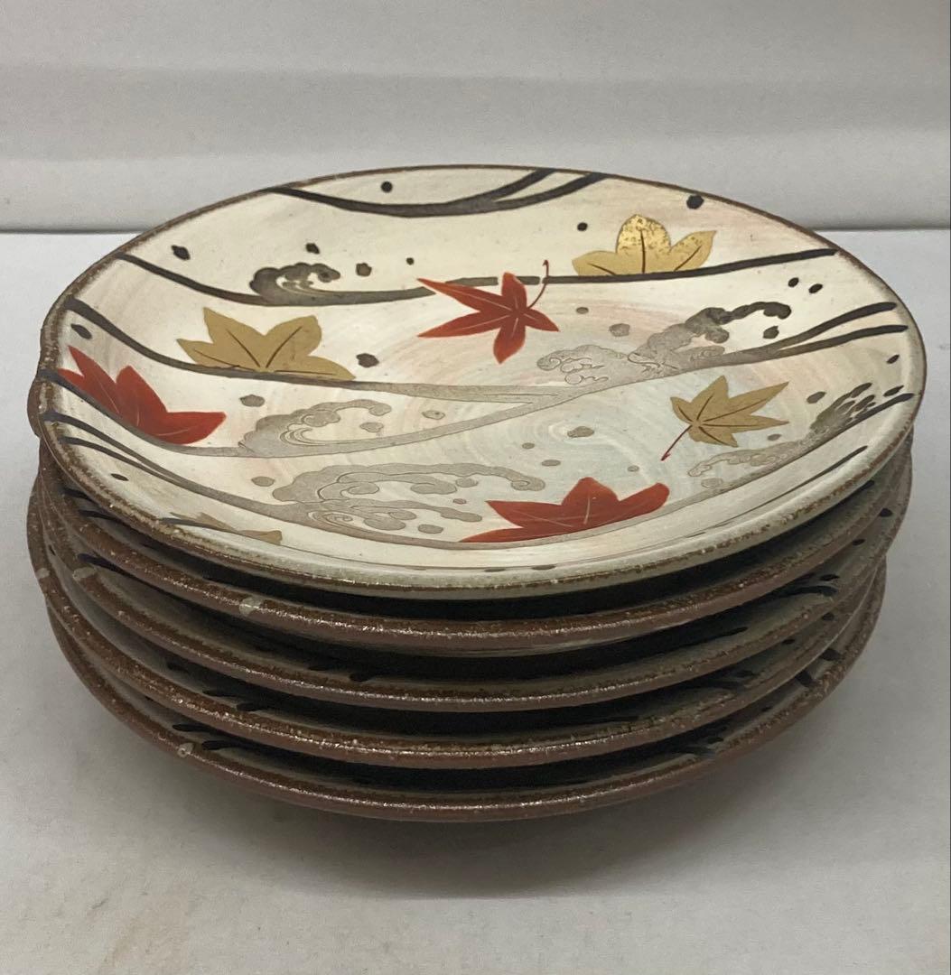 B409b 「乾山写 紅葉に流れ銘々皿」5枚 京焼 金彩銀彩 作者不詳 和菓子