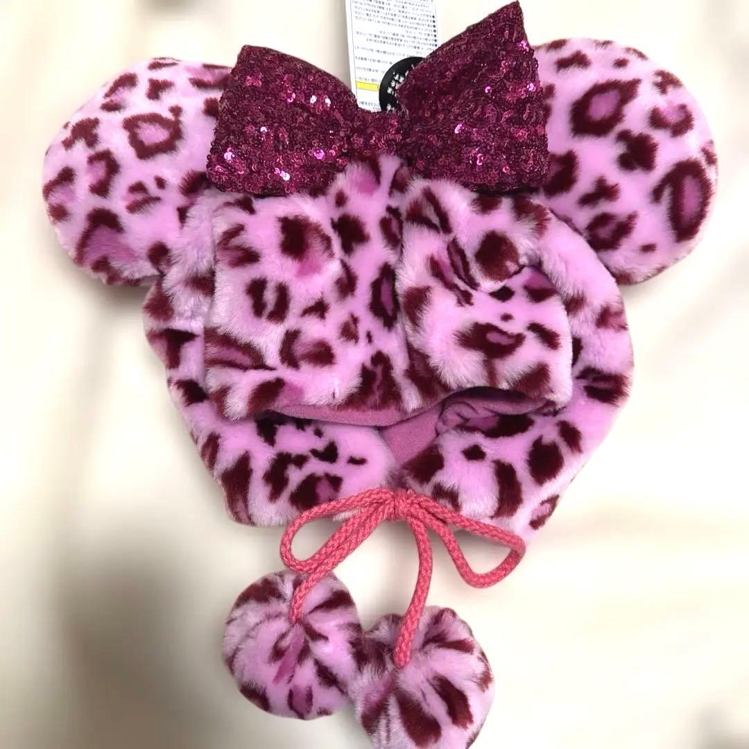 リボンが綺麗！新品タグ付き ミニー 耳 ピンク ヒョウ柄 帽子 ファン