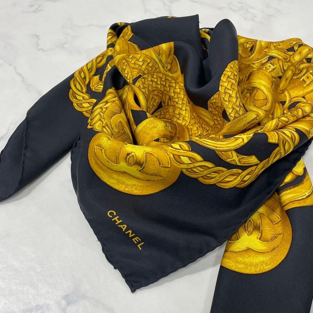 CHANEL シャネル イタリア製 ロゴ チェーン柄 大判 シルク スカーフ