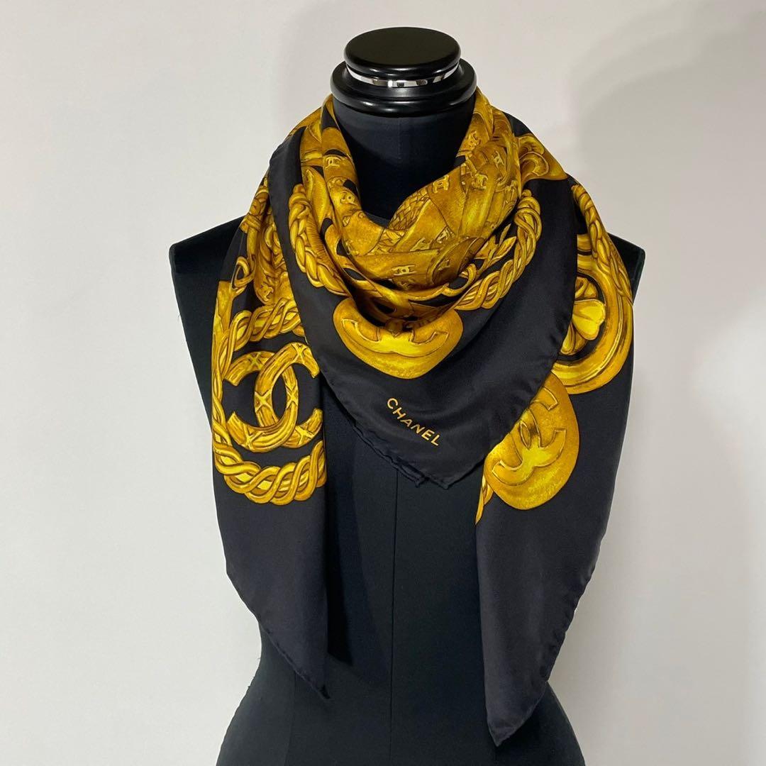 CHANEL シャネル イタリア製 ロゴ チェーン柄 大判 シルク スカーフ