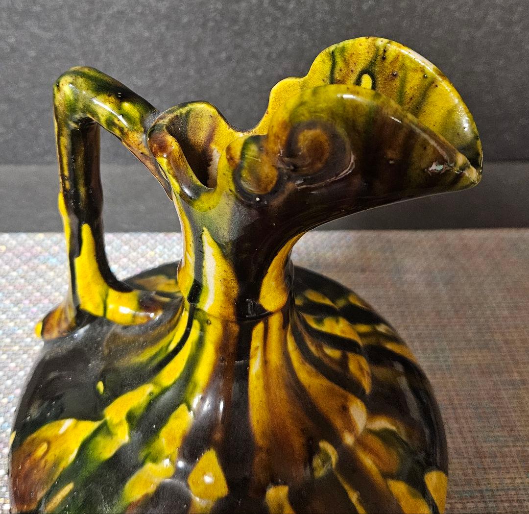 中国古美術　中国古陶磁器　古玩　時代物　遼三彩　鶏頭鶏冠形　手付水注　水瓶　酒瓶