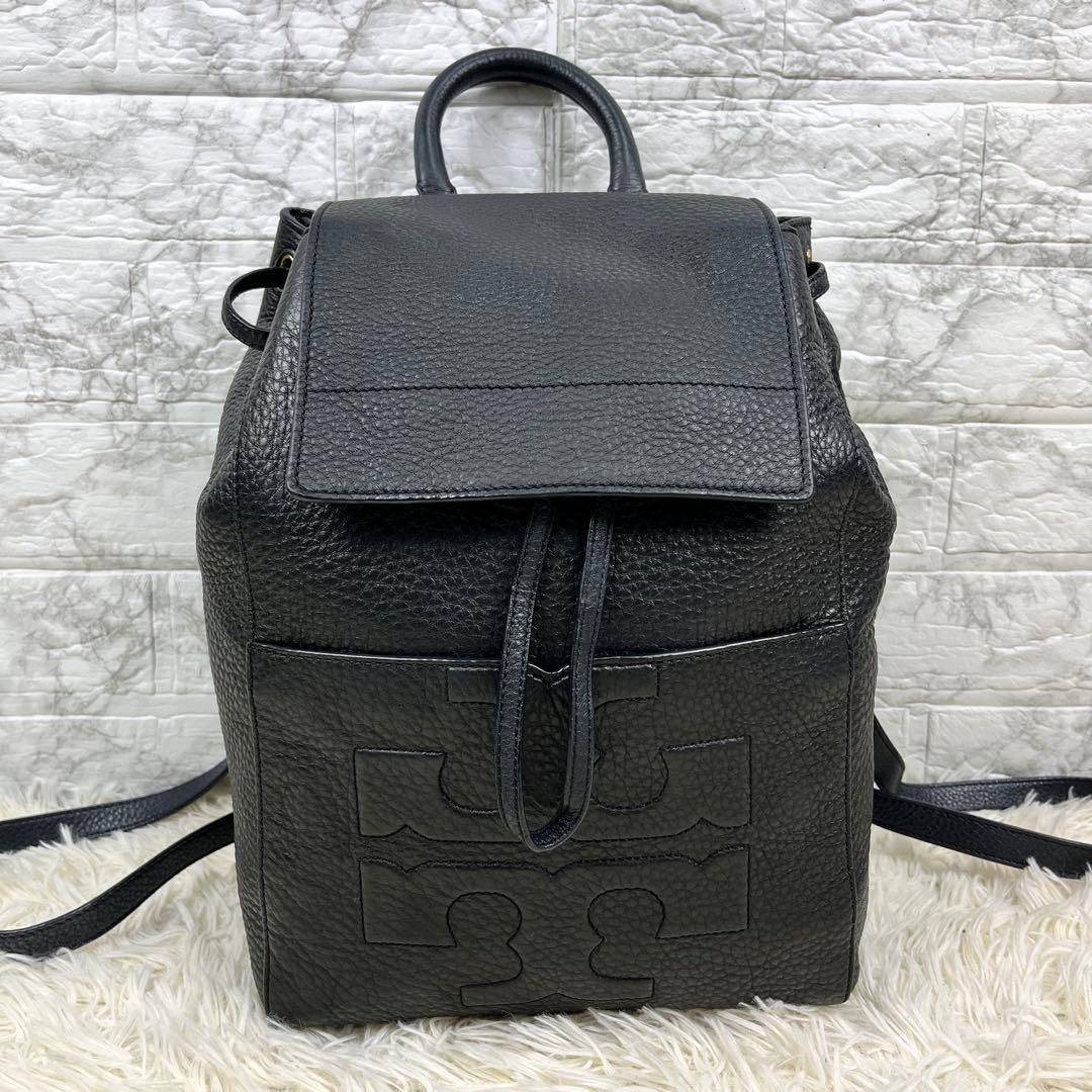 美品】 トリーバーチ リュック バッグパック レザー 黒 デカロゴ