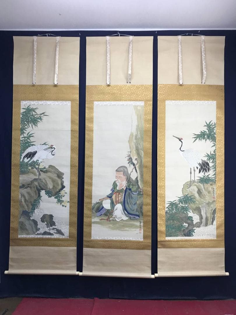 真作】永年/寿老人竹鶴図/人物図/花鳥図/三幅対/掛軸/名家伝来/AC-787