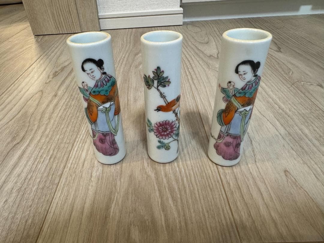 粉彩花瓶三本組 人物花鳥文様 色絵磁器 清朝様式中国民国時代 粉彩大皿