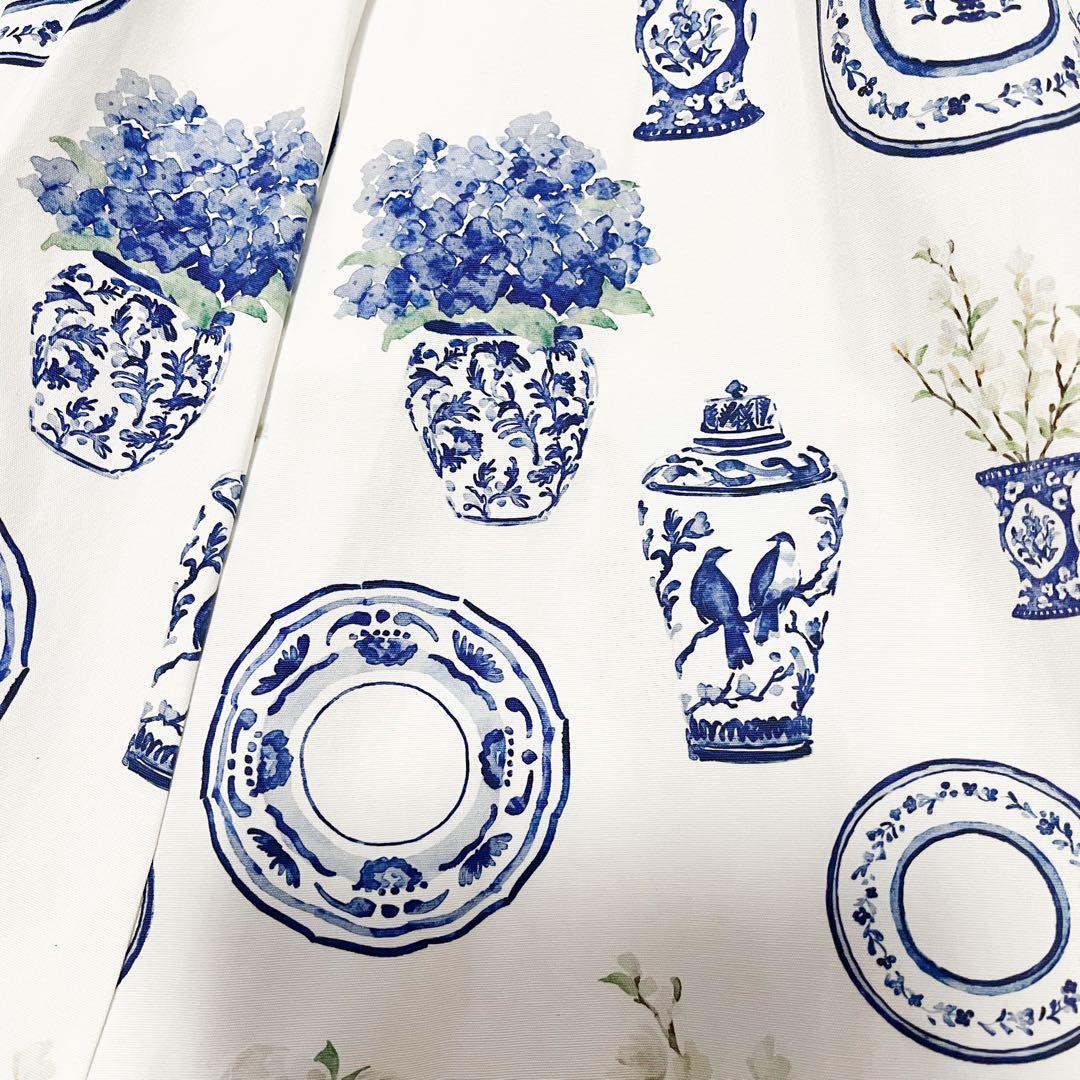 2023 セブンテン 陶器プリント 花柄スカート 陶器 水彩タッチブルー