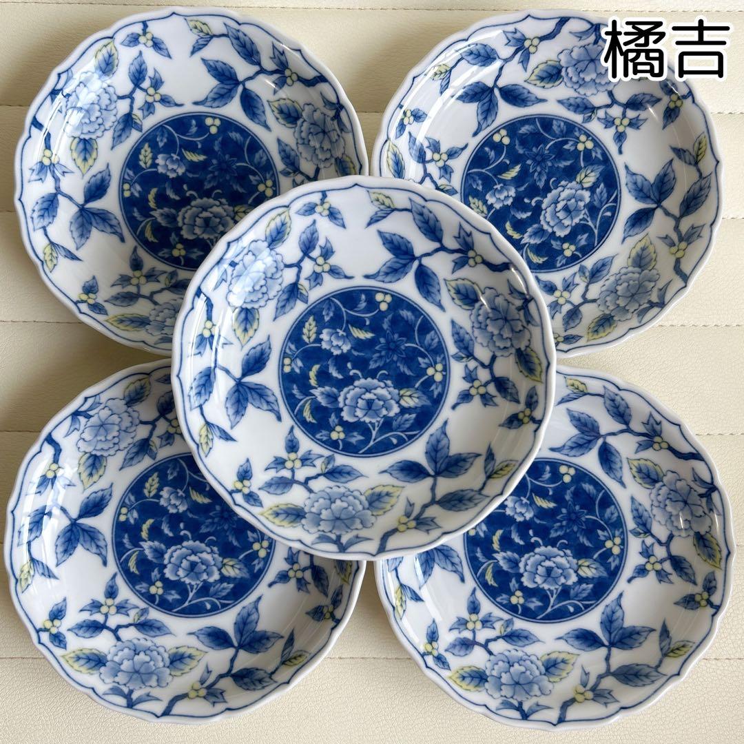 たち吉 染付花紋 銘々皿揃 5枚セット 輪花皿 取皿 青華 和食器 小皿