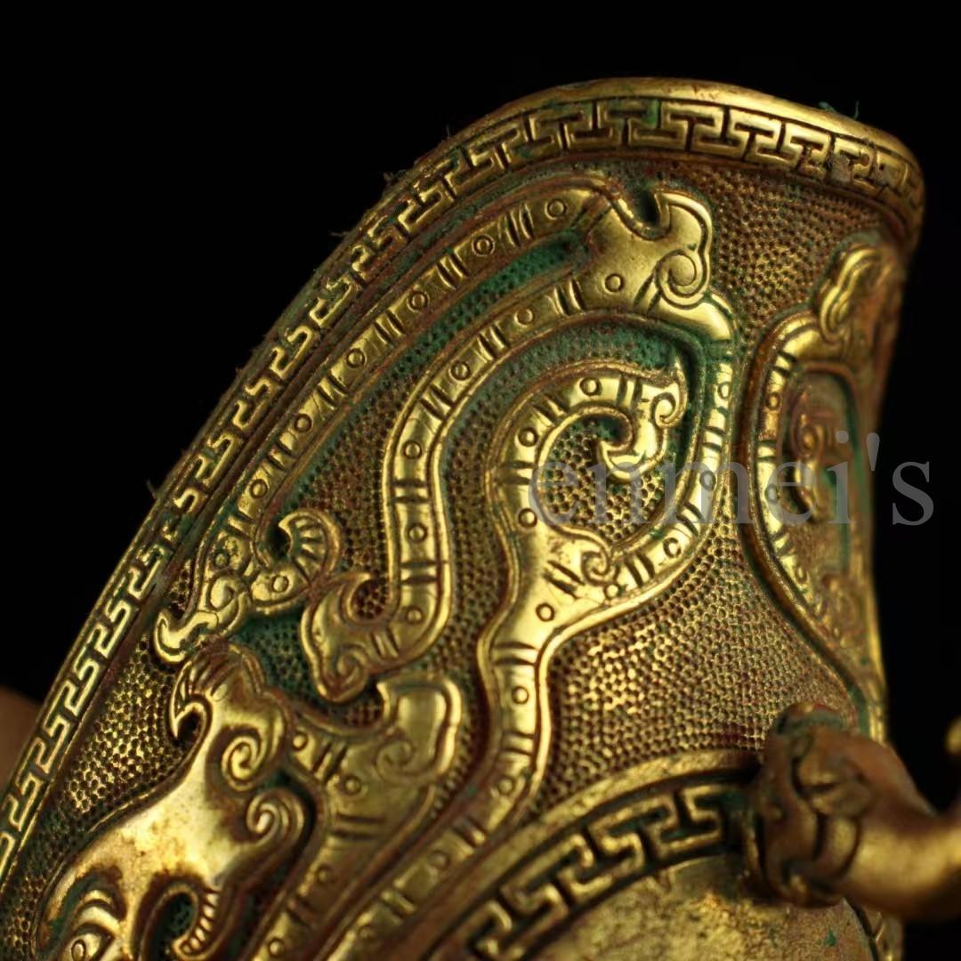 中国古美術・珍蔵純銅製・鎏金酒杯・高浮彫船型三足酒具・