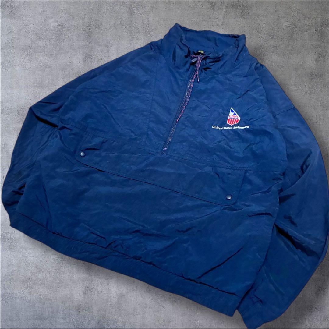 激レア】90s香港製Swimmingアノラックパーカー刺繍ロゴネイビーS古着
