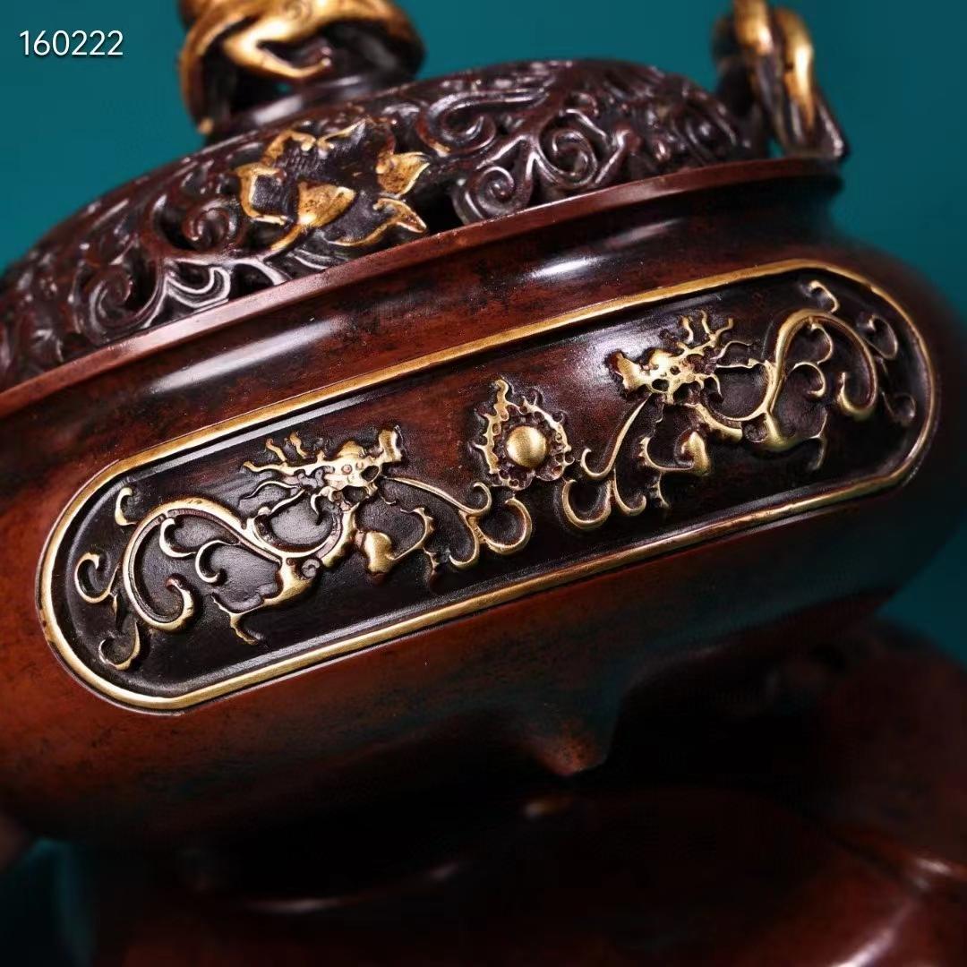 中国古美術・珍蔵・紫銅制・純手作り・鎏金高浮彫香炉・熏香爐・置物