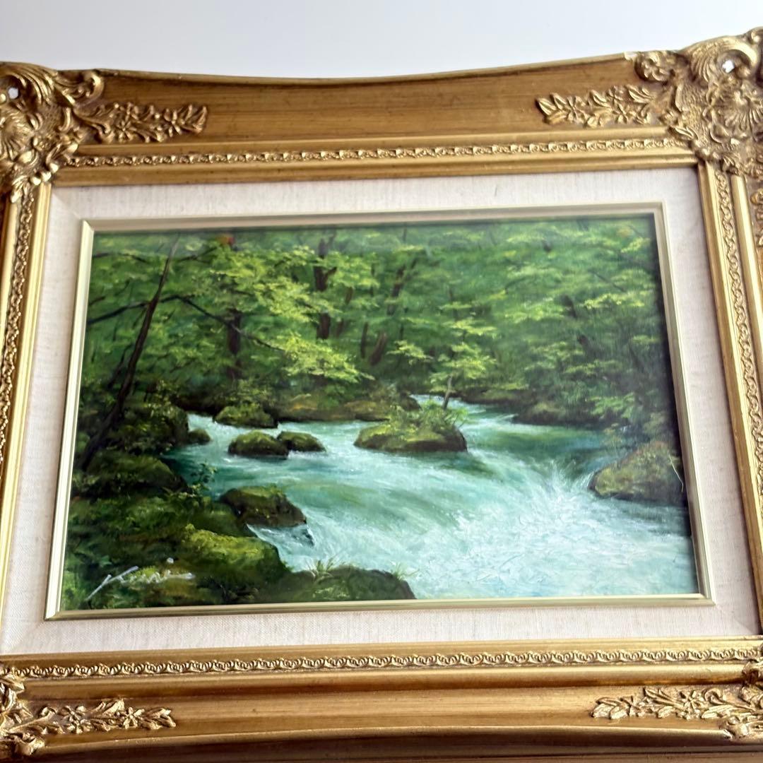 油彩 作者不詳・邦・Kuni「奥入瀬」F4 額装 油絵