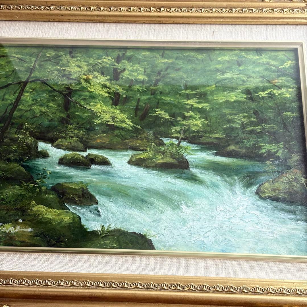 油彩 作者不詳・邦・Kuni「奥入瀬」F4 額装 油絵