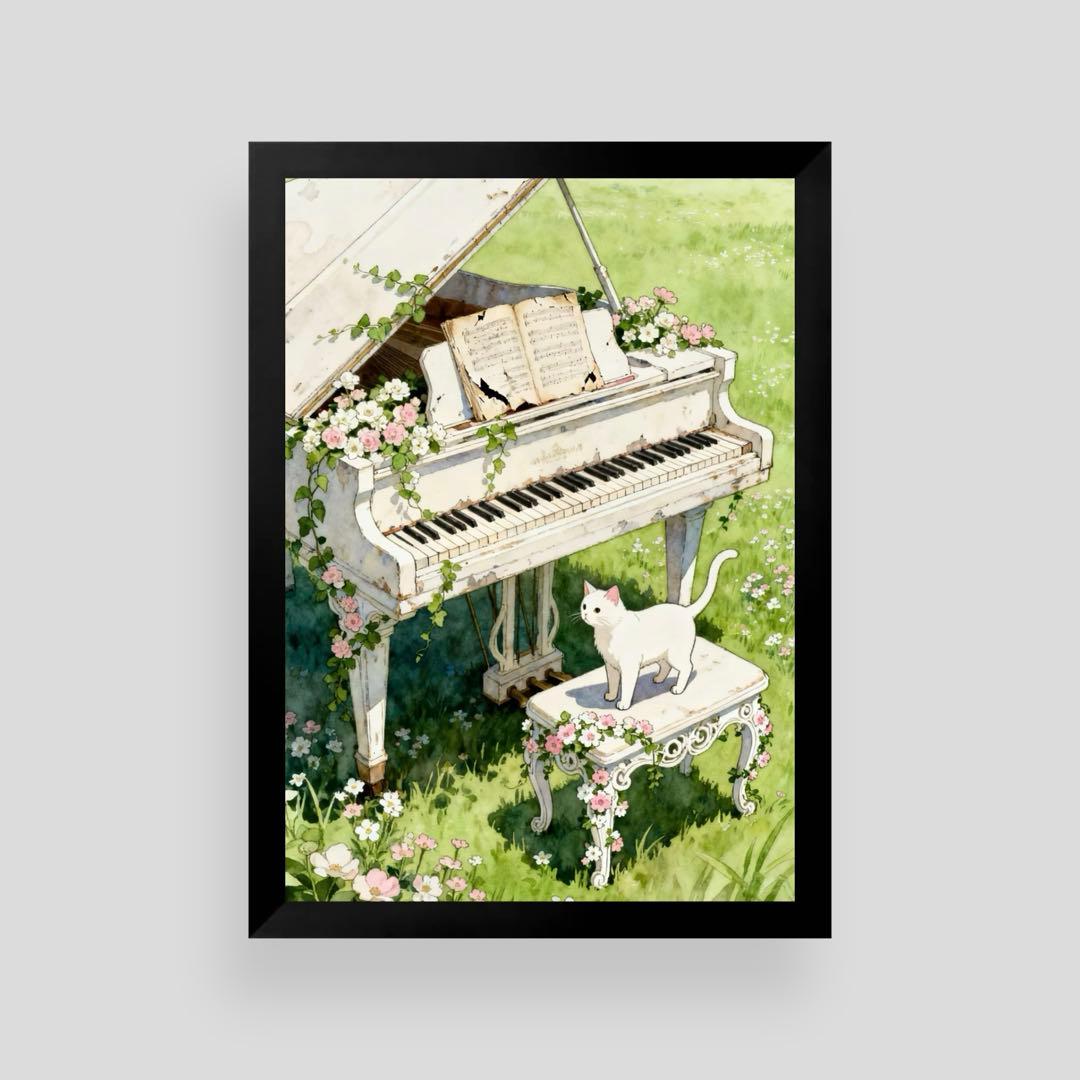 絵画 | イラストポスター 1012☆ 【かわいい白い猫ときれいなピアノ