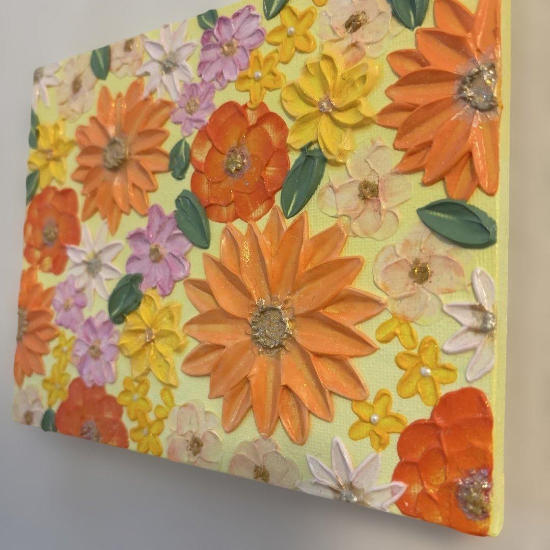 テクスチャーアート アクリル画 現代アート 花の絵 オレンジ 原画 #106