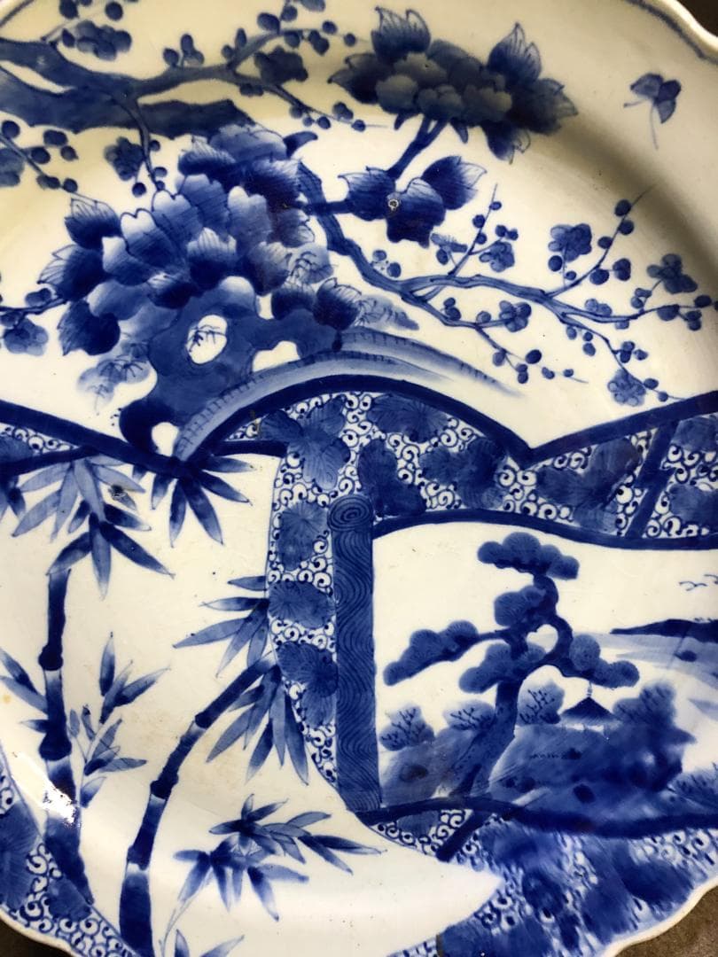 旧家蔵出し品 古伊万里 松竹梅に扇 巻物 唐草文様 古い大皿