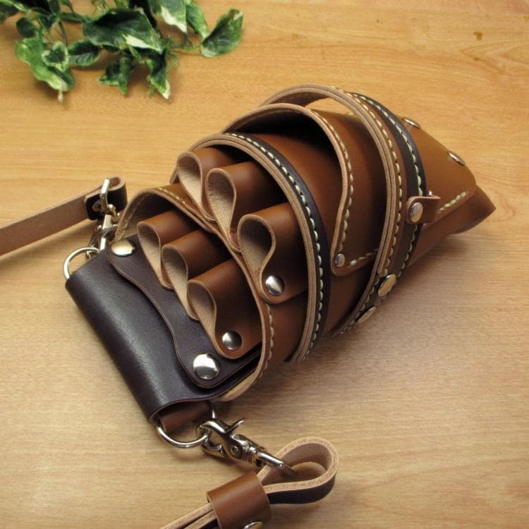 キャメル＆焦げ茶 6丁 革ベルト付き 本革シザーケース SCL-223/CCB