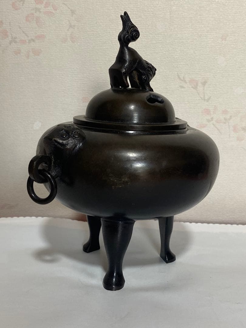 ♢獅子飾り 自在遊環 三足香炉 高岡銅器 銅製 唐金 香道具 置物 飾り