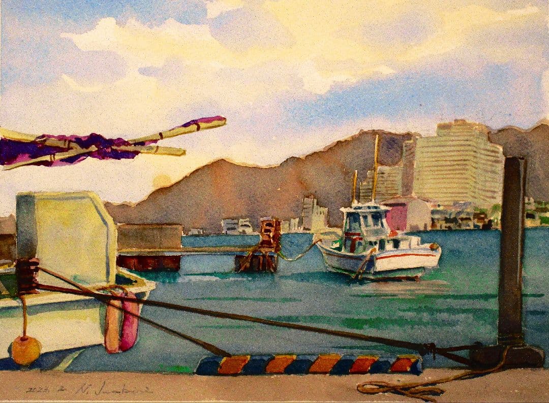 港の風景 水彩画 金色フレーム付き F6サイズ 水彩画 港の風景 2022年 F6サイズ 額装済み - メルカリ