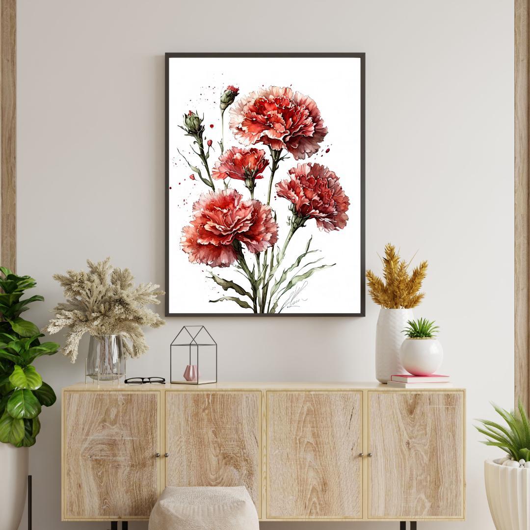 カーネーション 水彩画 赤い花 ボタニカル アートポスター Flower