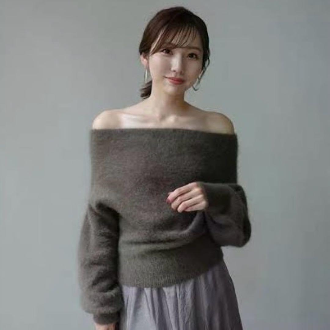 未使用】anuans ラクーンフォックスオフショルニットプルオーバー モカ