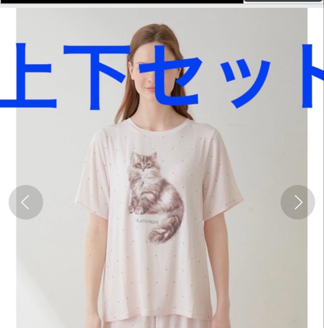 ジェラートピケ cat ドット サイベリアン ピンク ロングパンツ 上下