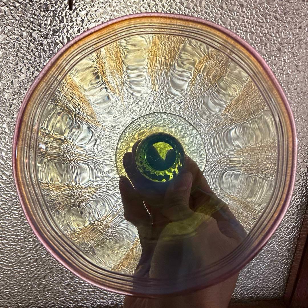 骨董 時代ガラス 希少 若草色 乳白色暈し 桃色千段巻き 氷コップ